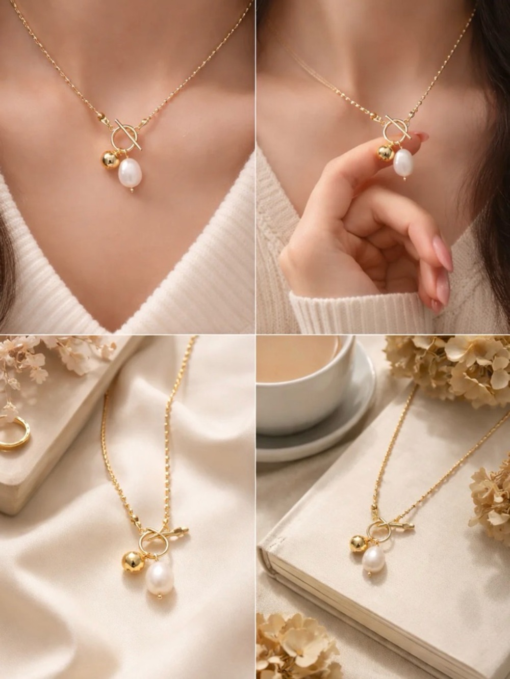 Demi fine pvd 18k gold plated jacket golden stainless steel pearl necklace.